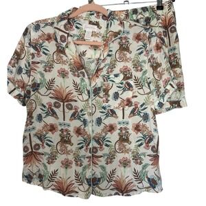 Japna Sleepwear Size Small Button Up Top And Shorts Floral‎ Monkey Rayon Linen